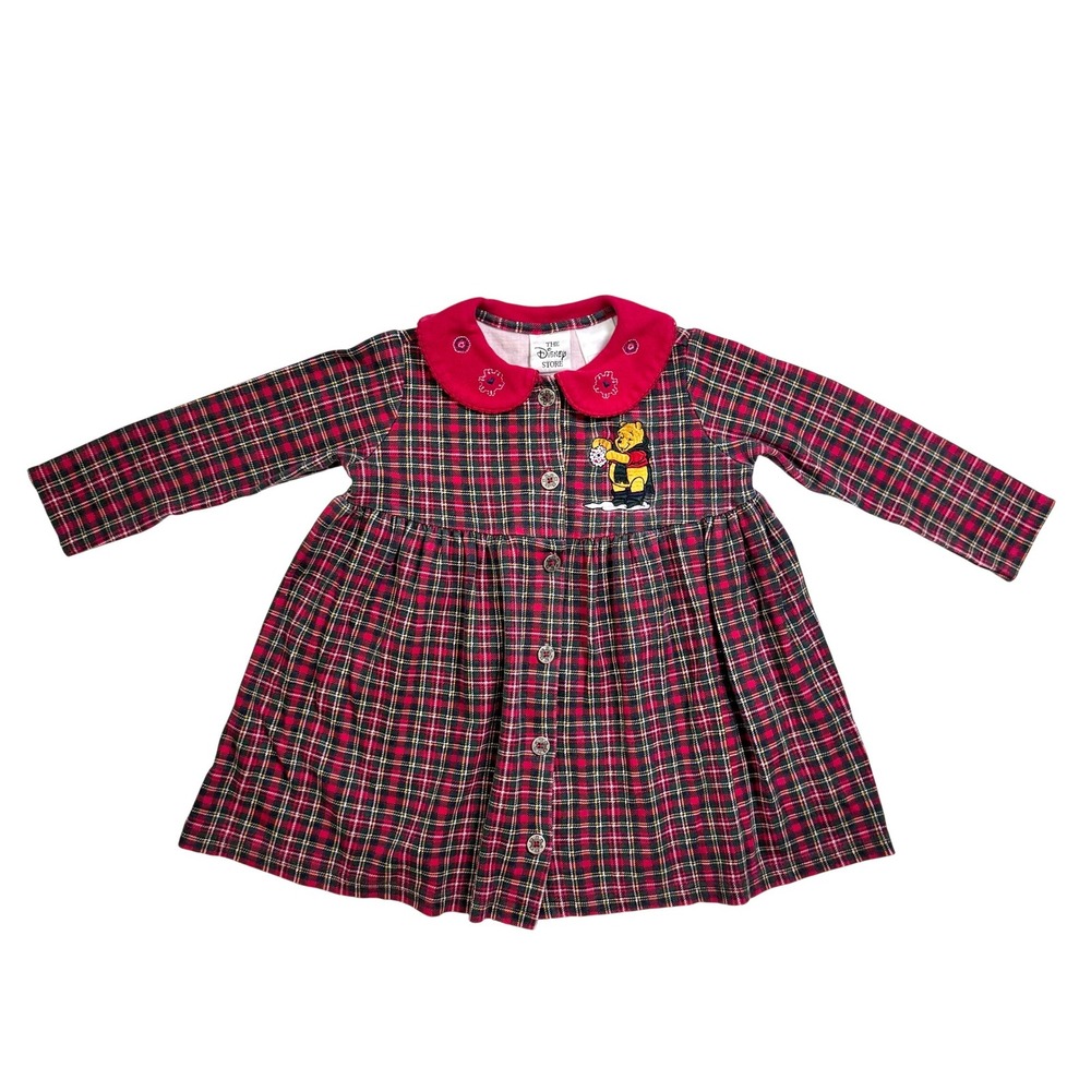 90's Y2K Disney Store Vintage Dress 3T Red Plaid Winnie the Pooh Winter Holiday